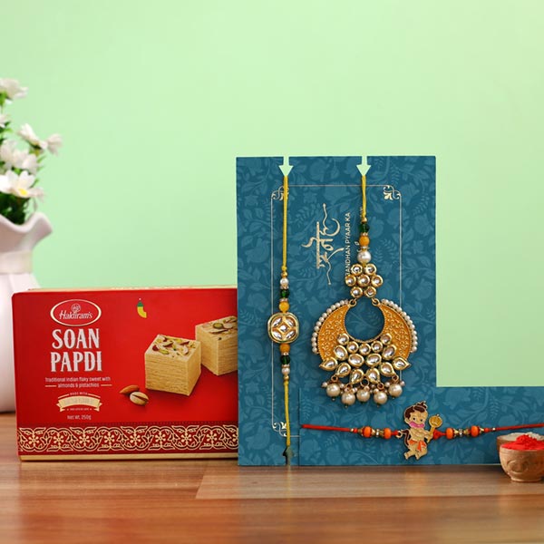 Crescent Lumba Rakhi Set & Kids Rakhi With Soan Papdi