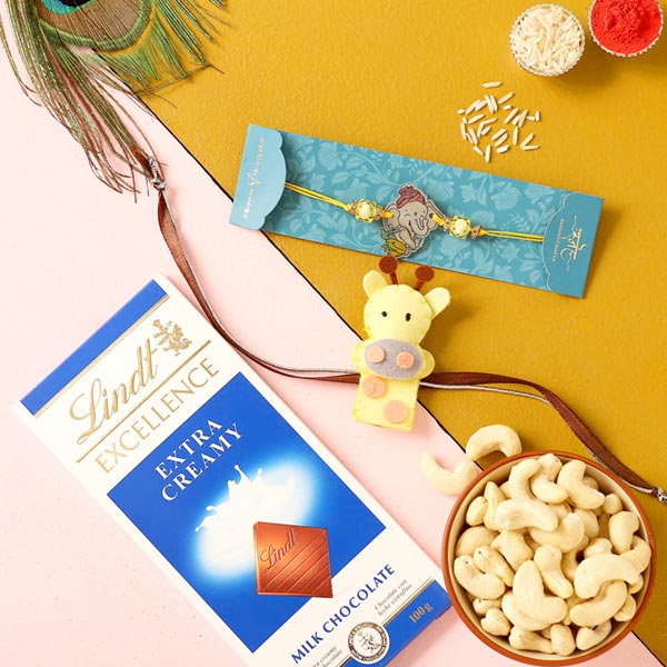Set Of 2 kids Rakhis & Lindt Chocolate With Cashews