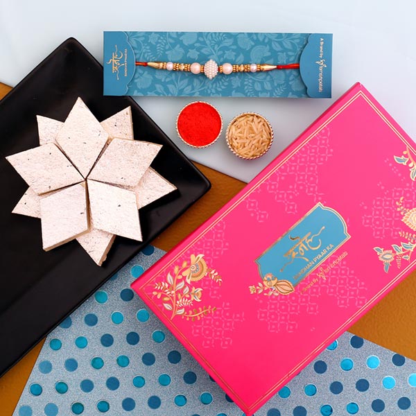 Elegant Pearl Mauli Rakhi And Kaju Katli - Dubai