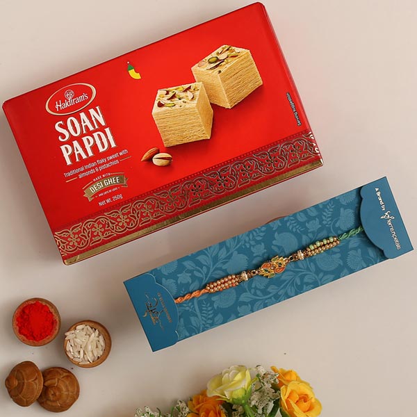 Ethnic Leaf Pearl Designer Rakhi And Soan Papdi