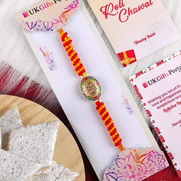 Oval Pendant Rakhi with Kaju Katli