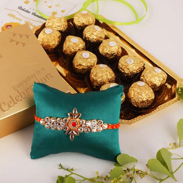 Kundan Floral Rakhi & 12pc Ferrero