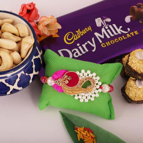 Traditional Rakhi with 3pc Ferrero, Cashew, Cadbury