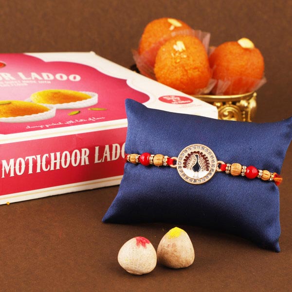 Peacock Embossed Rakhi and Boondi Laddoo