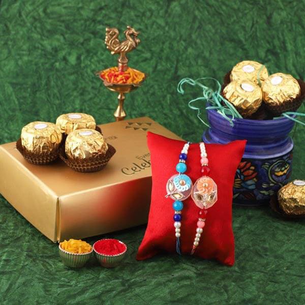 Sequins Rakhi Pair & 12pc Ferrero - USA