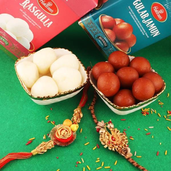 2 Distinct Rakhis with Rasgulla, Gulabjamun