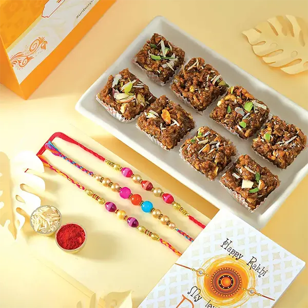 Triplet Design Rakhi with 340gm Dhodha Barfi