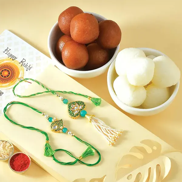 Blissful Bond Bhaiya-Bhabhi Rakhi Set with 1kg Gulabjamun and Rasgulla