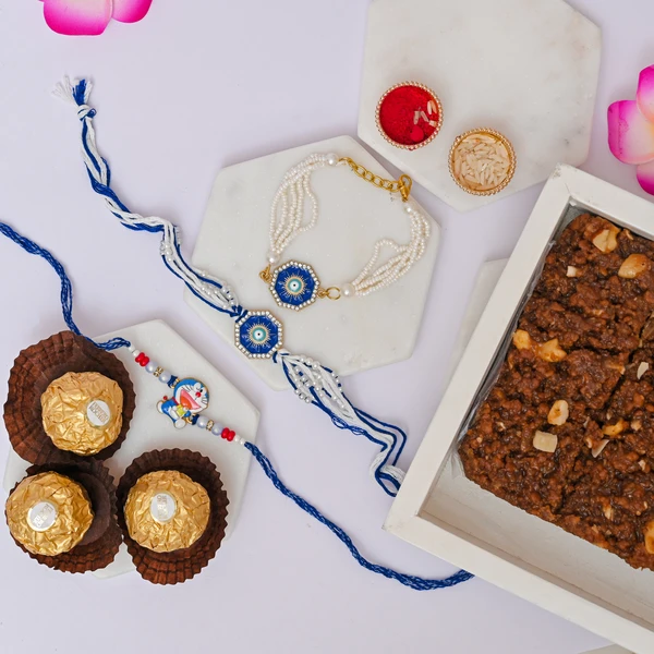 Family Rakhi Combo with Dodha Burfi & Ferrero