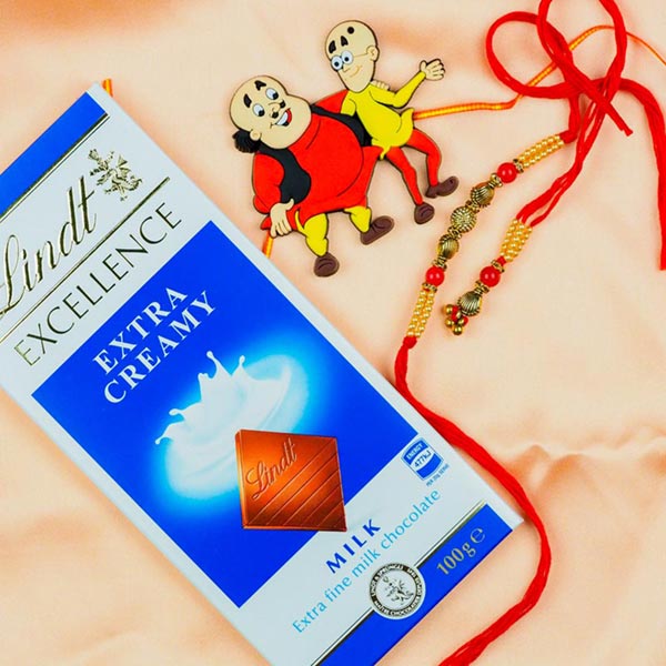 Metallic Finish Bhaiya Bhabhi & Motu Patlu Kids Set Of 3 Rakhis With Lindt Chocolatee