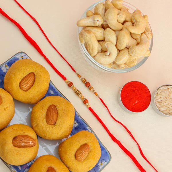 Rudraksh Set of 2 Rakhis With Besan Laddoo & Cashews