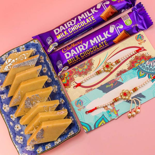 Pearl Bhaiya Bhabhi Set Of 2 Rakhis With Kaju Katli & Dairy Milk
