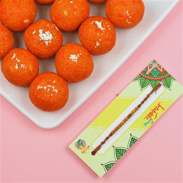 Sandalwood Beads Rakhi With Motichoor Laddoo
