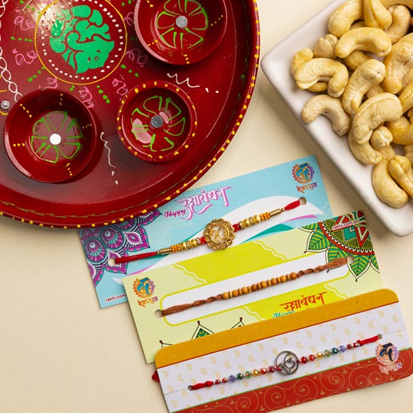 Three Rakhi and Cashew  with Thali