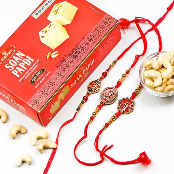 Veera, Om & Ganesha Set Of 3 Rakhis With Soan Papdi & Dryfruits