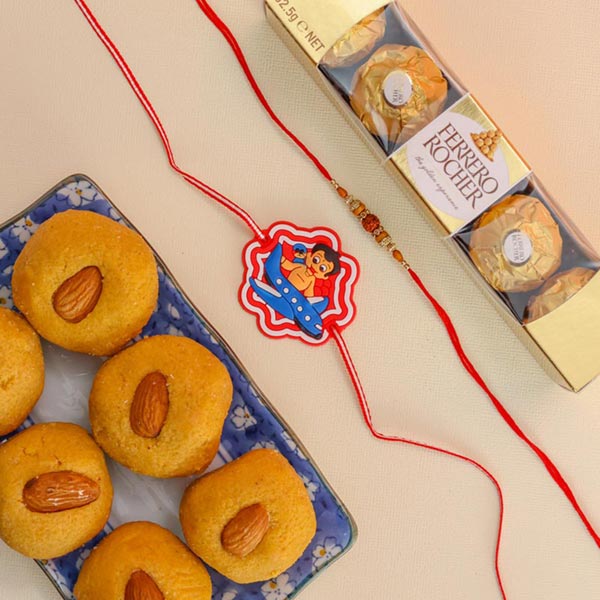 Rudraksh & Kids Set of 2 Rakhis With Besan Laddoo & Ferrero Rocher