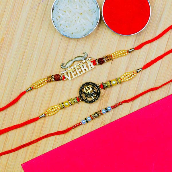 Veera, Trishul & Pearl Set of 3 Rakhis