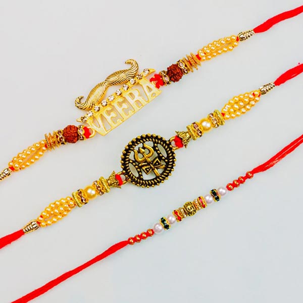 Veera, Trishul & Pearl Set of 3 Rakhis