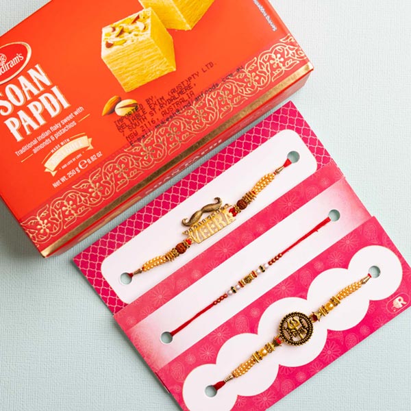 Three Rakhi with Soan Papdi 250 gm