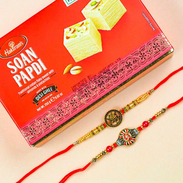 Om & Trishul Set of 2 Rakhis With Soan Papdi Australia