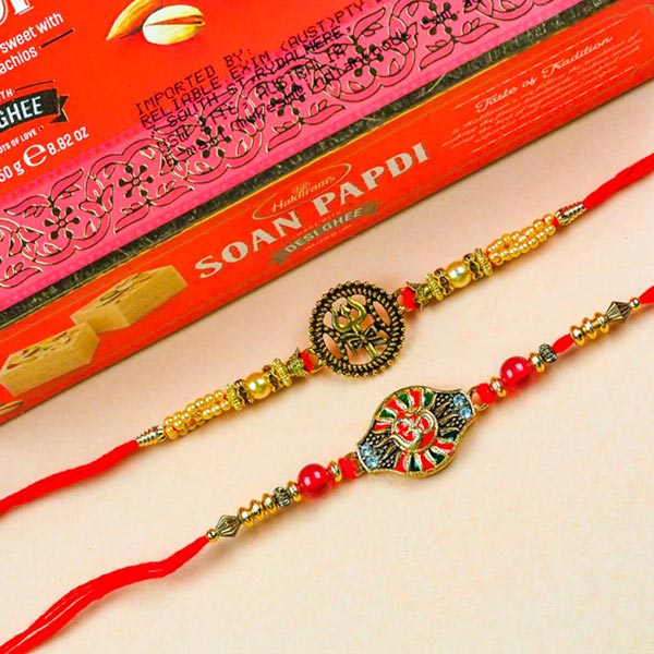 Om & Trishul Set of 2 Rakhis With Soan Papdi Australia