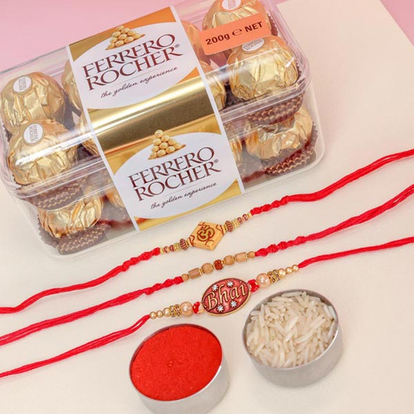 Set of 3 Om, Bhai & Bead Rakhis With Ferrero Rocher